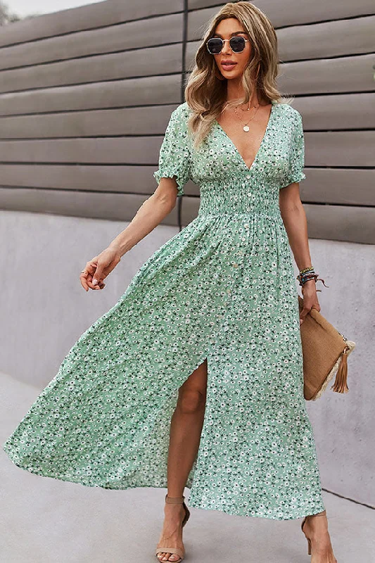 Deep V Neck Smocked Chest Floral Print Maxi DressSheath Dress