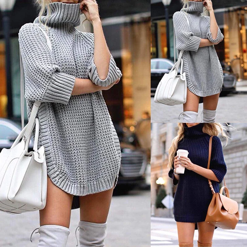 Women's Solid Turtle Neck Sweater DressHigh-low Dress