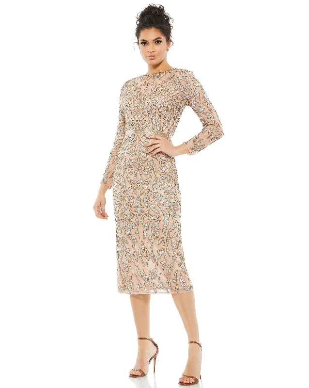 Mocha 8 Mac Duggal 5521 Long Sleeve Beaded Cocktail Dress SaleTightjacket