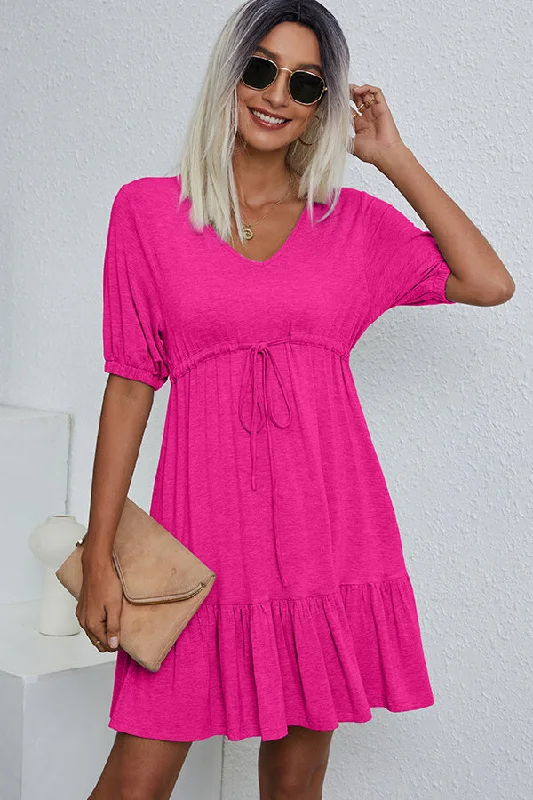 V Neck Drawstring Waist Casual Mini DressSchool Dress