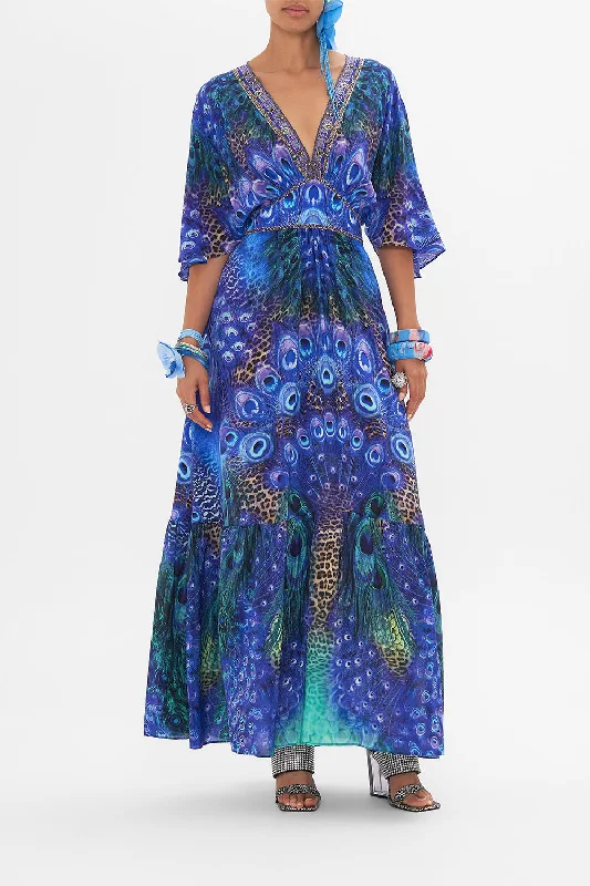 WAISTED DRESS WITH HEM RUFFLE PEACOCK ROCKBoho Dress