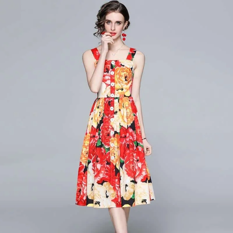 Women's Spaghetti Strap Backless Midi Dress with Floral PrintSpaghetti Strap Dress