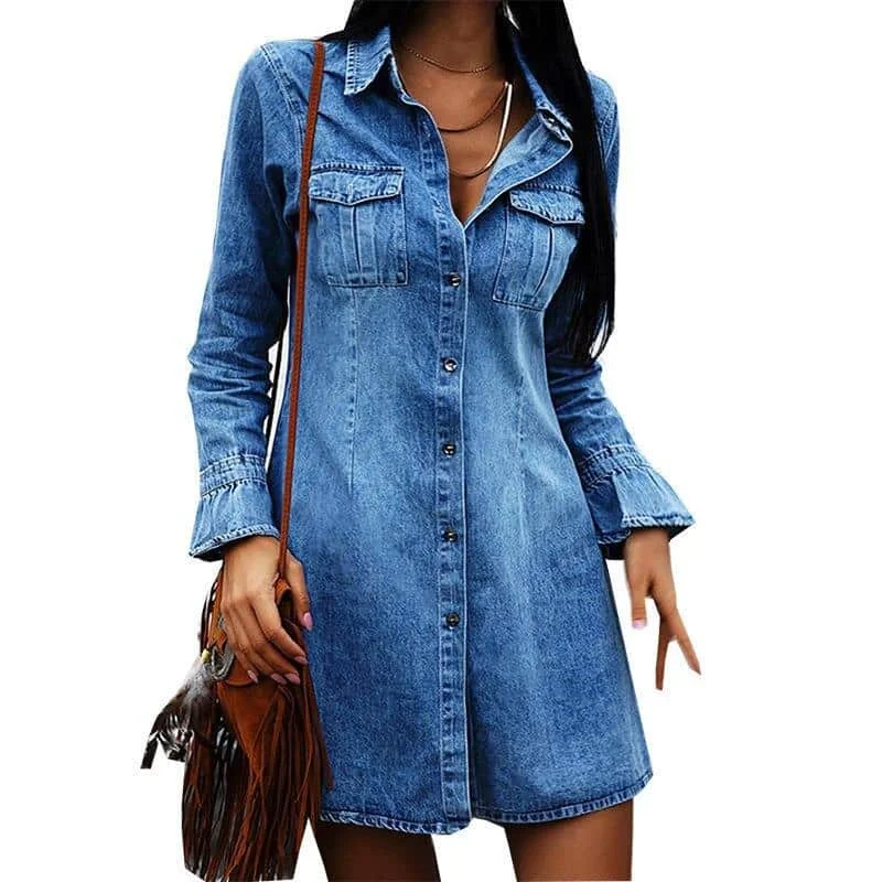 Women's Casual Style Denim Shirt DressLace Dress