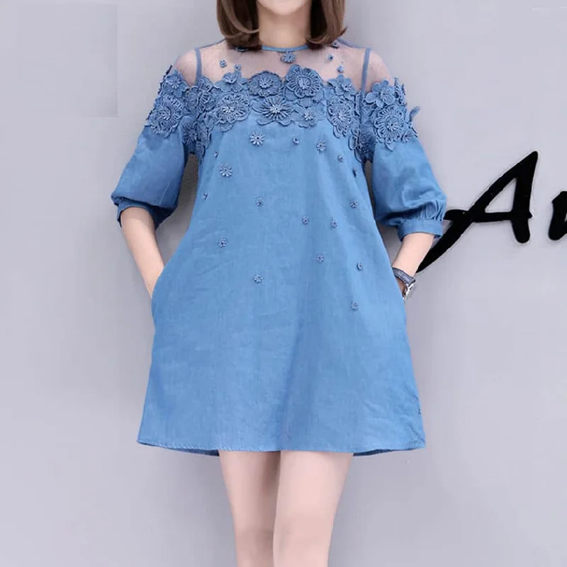 Women's Plus Size Denim Dress With Floral EmbroiderySpaghetti Strap Dress