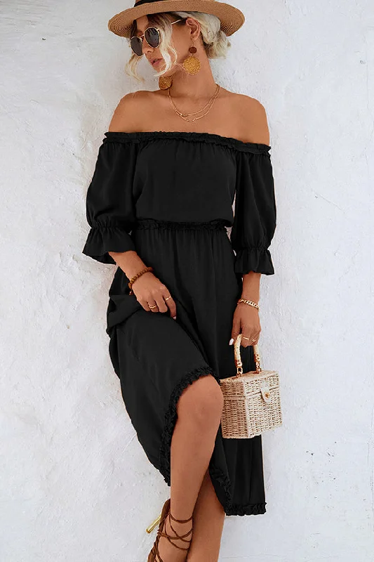 Solid Color Off The Shoulder Frill Casual DressFit-and-Flare Dress