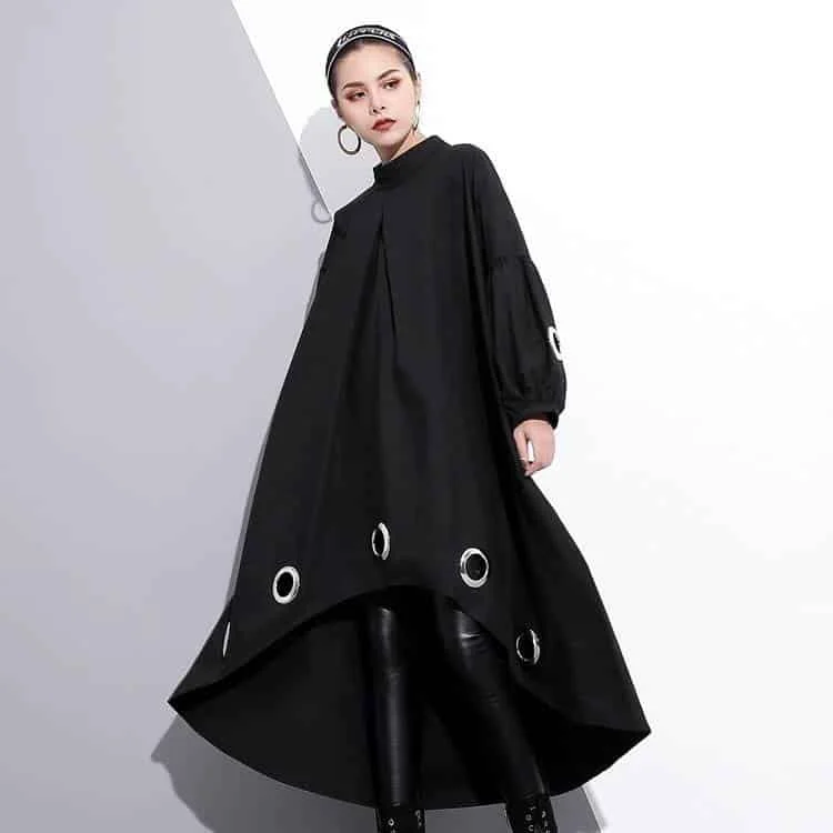 Women's Long Sleeved Black Dress with Metal RingsOpaque Dress