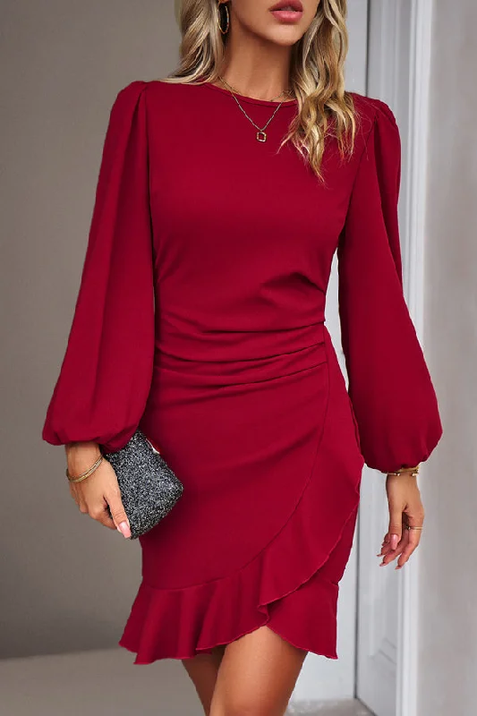 Puff Sleeve Round Neck Solid Ruffle Hem Bodycon DressChiffon Dress