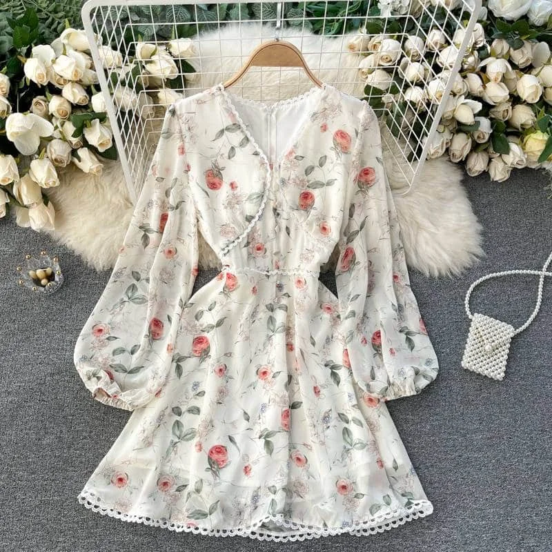 Women's Floral Printed Mini Dress with ButtonsWedding Dress