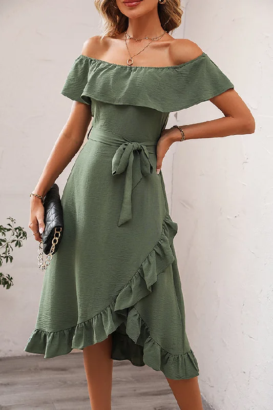 Ruffle Design Solid Round Neck Casual DressBoho Dress