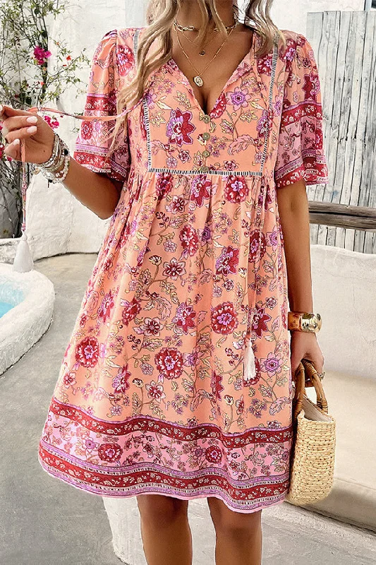 V Neck Floral Print Short Sleeve Mini DressWind Dress