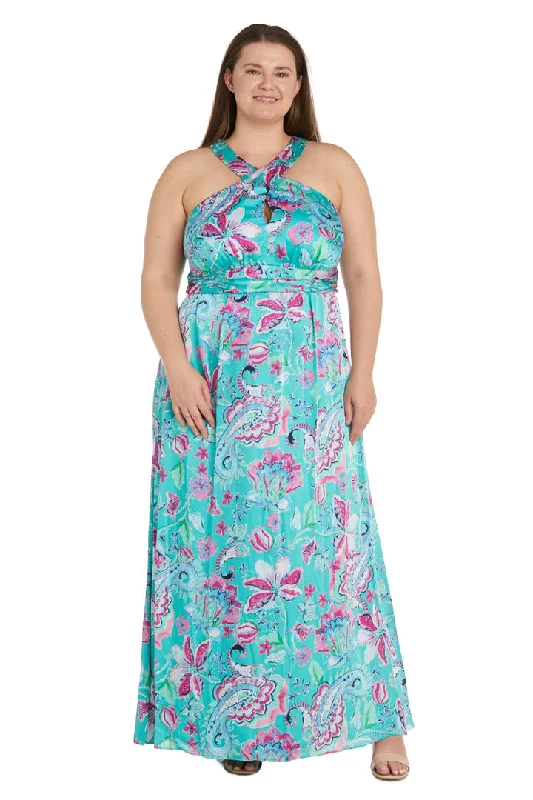 R&M Richards 1260W Long Formal Plus Size Printed Cross Over Halter DressTightfinish