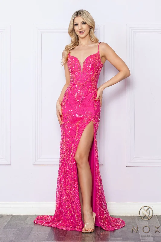 Nox Anabel D1355 Fitted Long High Slit Prom DressTightweave