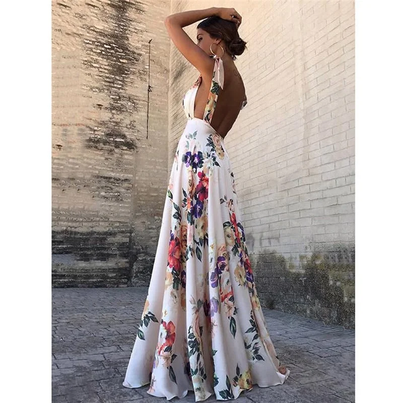 Women's Floral Print Backless Summer DressWedding Dress