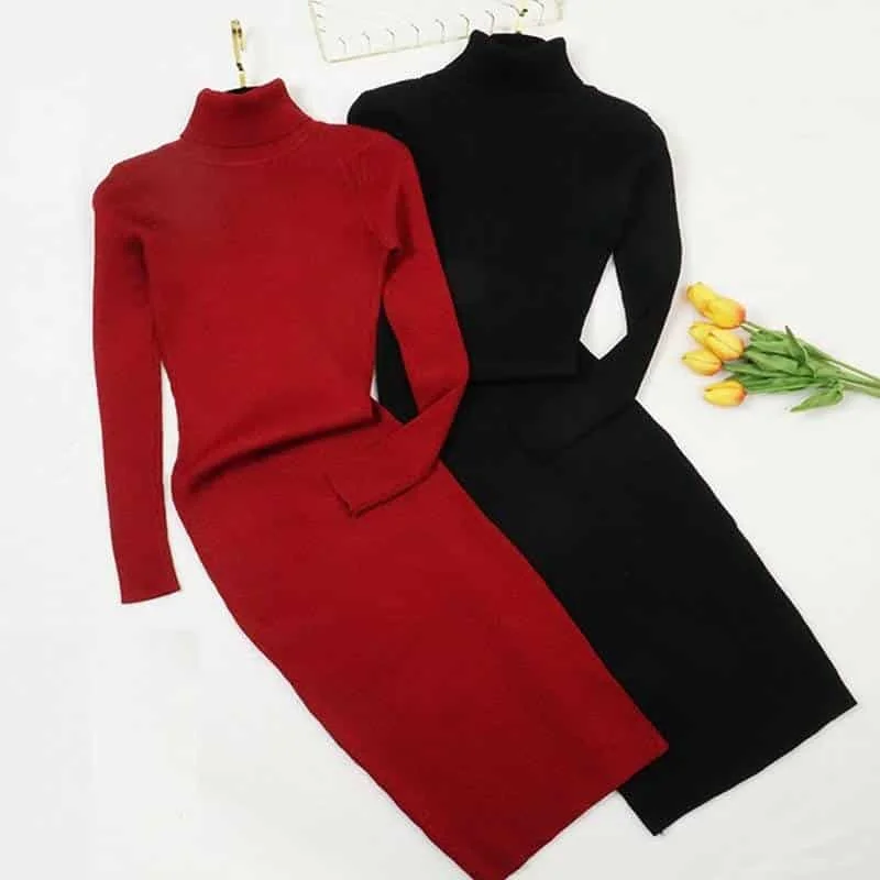 Women's Knitted Solid Color Turtleneck DressVintage Dress