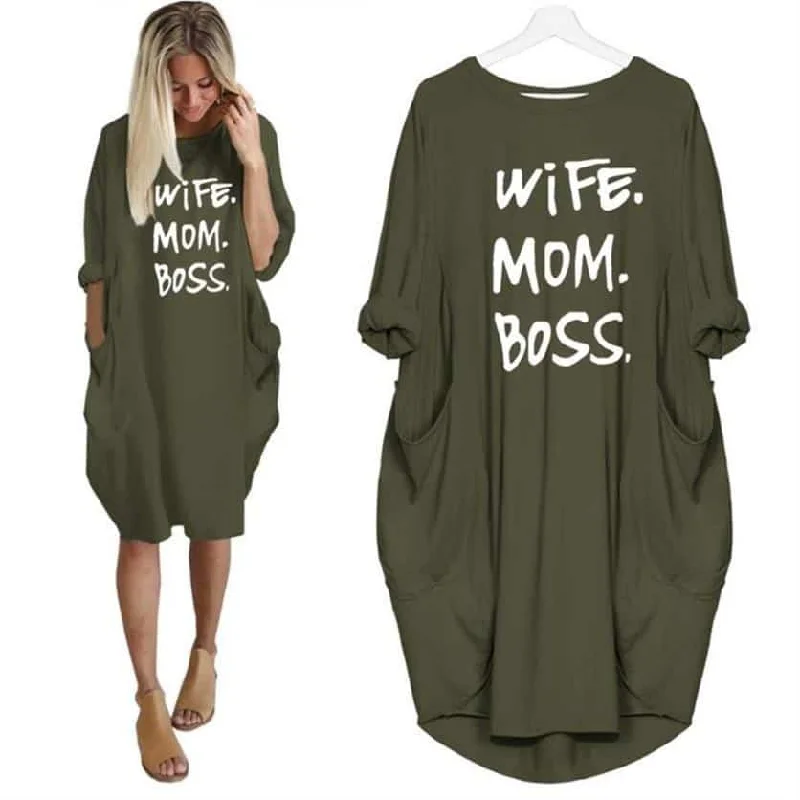 Women's Casual Wife Mom Boss Printed DressHigh-low Dress