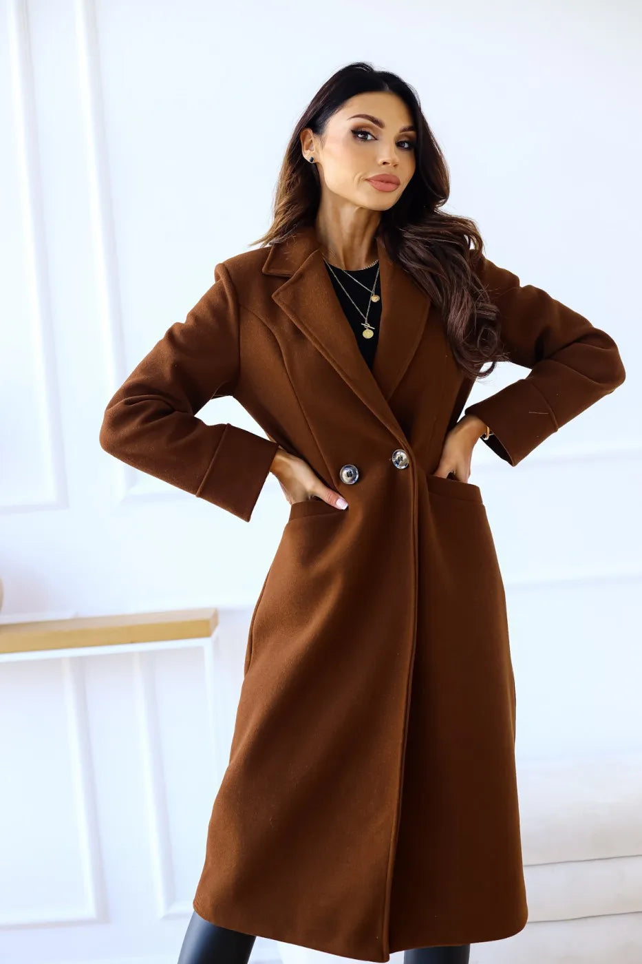 Quilted Jacketssimple long-sleeved lapel double-breasted woolen coat for women