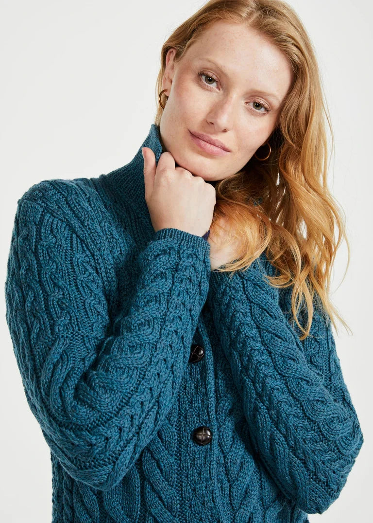 Aran Supersoft Cardigan | Teal - ClearanceAngora Knit Tops