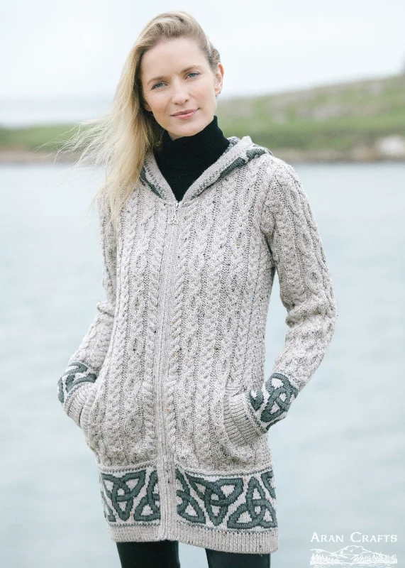 Aran Women's Jacquard Hooded Cardigan | OatmealHunting Knit Tops