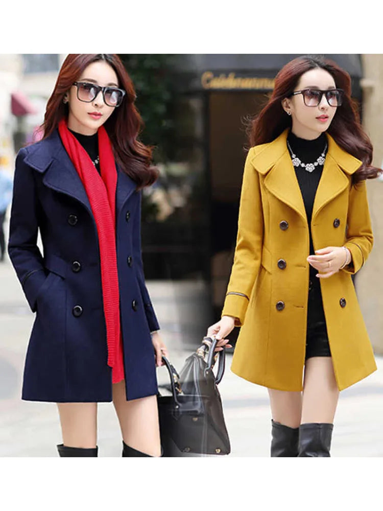 Pocketed JacketsJacket Women Double Breasted Solid Color Coat Korean Slim Female Woolen Jacket