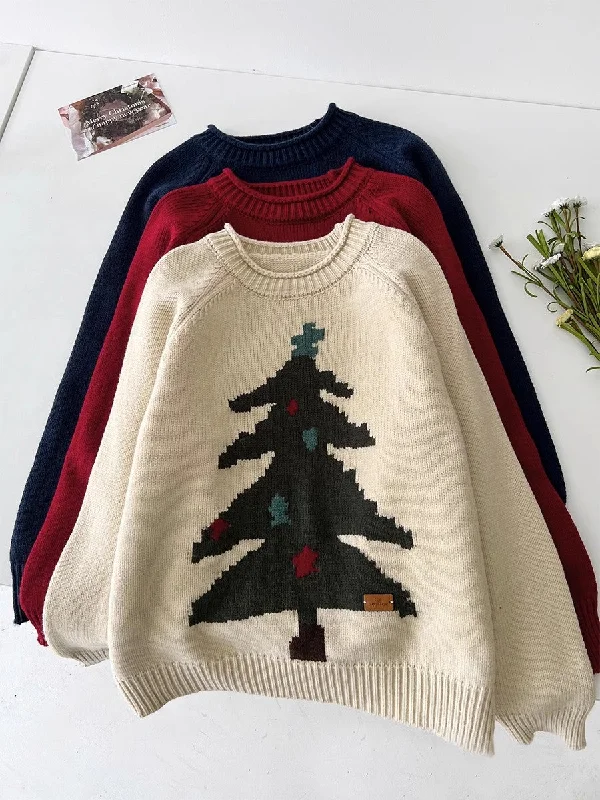 Christmas tree jacquard round neck knitted sweater    S4693Sequined Knit Tops