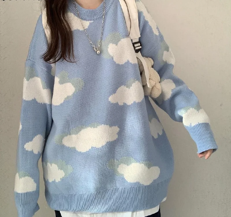 Cloud Print Long Sleeve Sweater | Korean Style Sweater | Girls Casual Sweater | Crew Neck Cloud Print Sweater | Knitted Cloudy Women SweaterCotton Knit Tops