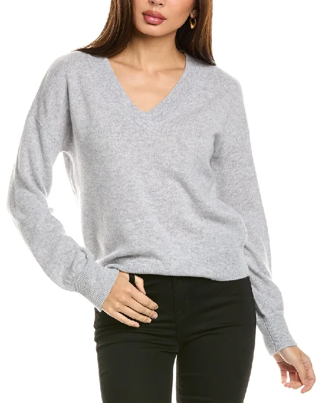 Forte Cashmere Gathered Sleeve V-Neck Cashmere SweaterOff-Shoulder Knit Tops