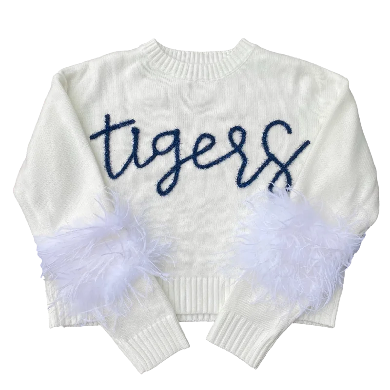 Navy “Tigers” Feather Sleeve SweaterAngora Knit Tops