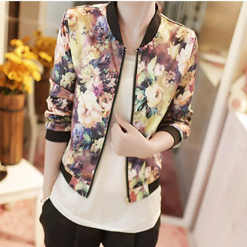 Thermal JacketsWomen Spring Jackets Short Tops Long Sleeve Floral Print Coat Vintage Women Clothing Bomber Jacket Chaquetas Mujer