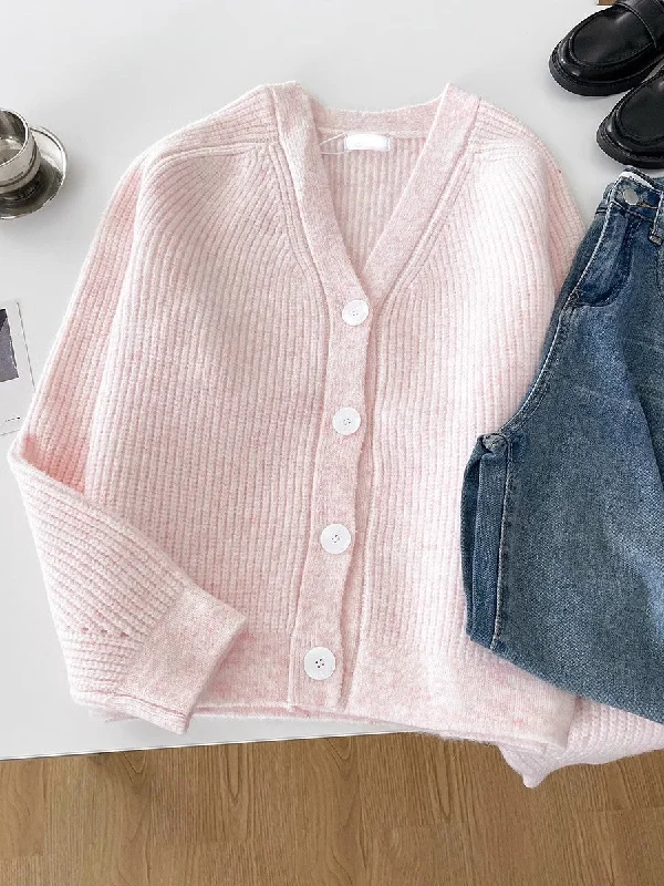 Sweet pink V-neck cardigan jacket long-sleeved sweater top     S4714Travel Knit Tops