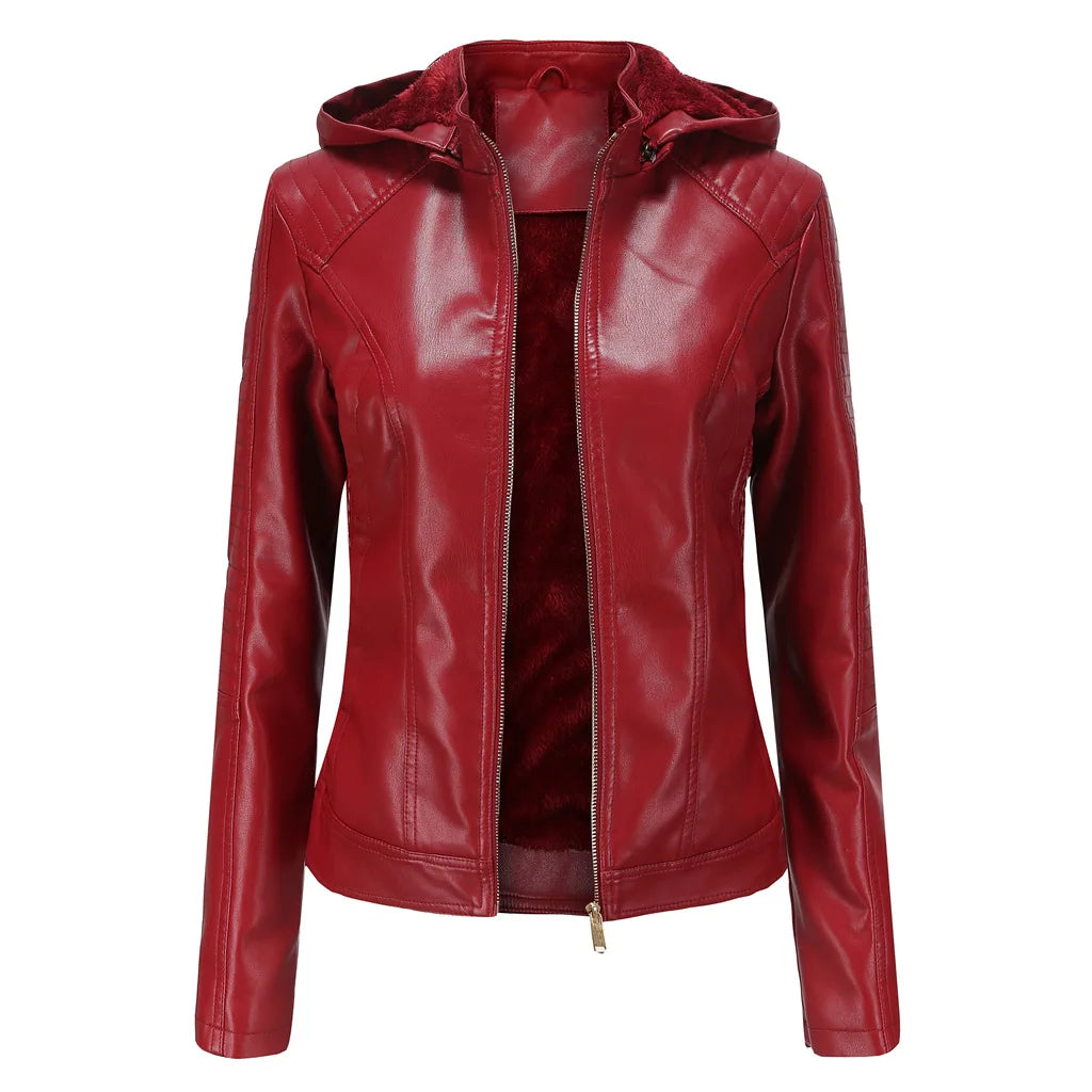 Corduroy JacketsFleece Hooded Leather Jacket Women's Trim Motorcycle Women Coat Zipper Switch Tops Red Khaki Grey