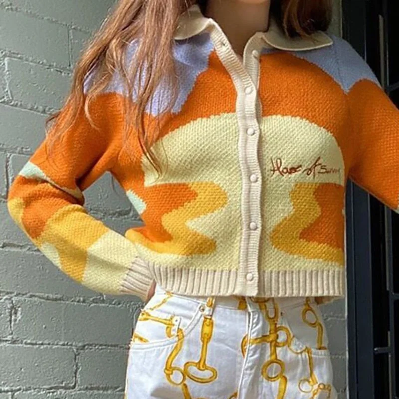 Colorful Knitted Sweater | Women Vintage Autumn Winter Sweater | long sleeve sweater Coat | Short Knitted Sweater | Sunshine Print SweaterLongline Knit Tops