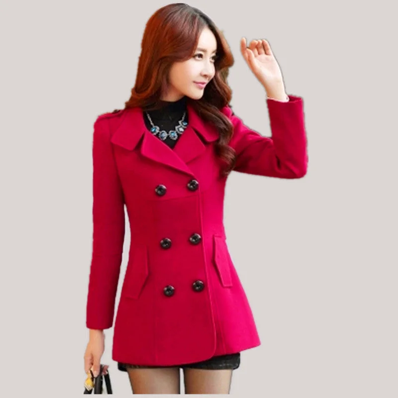 Ski JacketsWomen Woolen Coats Winter Trench Coat Fashion Solid Double Breasted Overcoat Turn-down Collar Slim Outerwear C8103