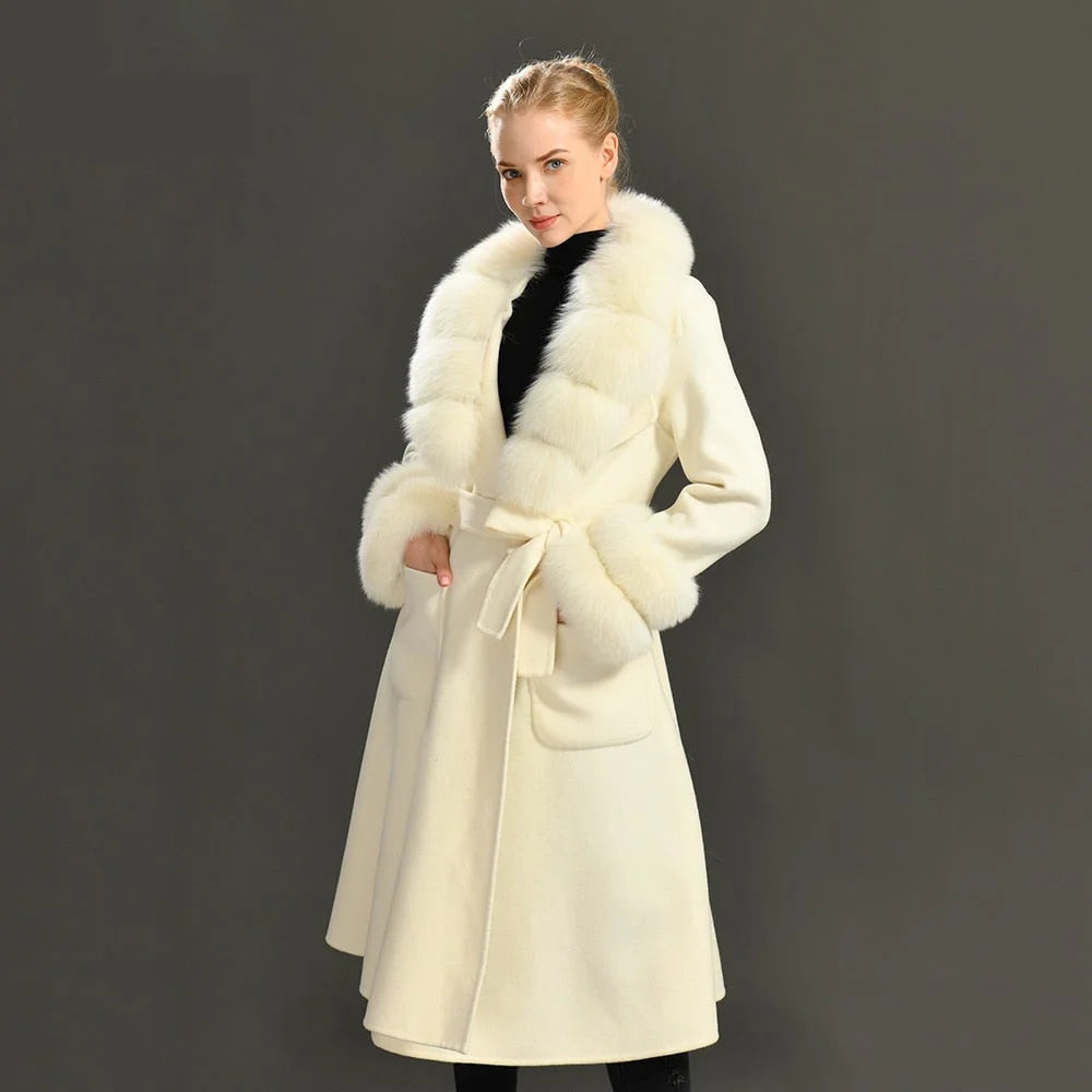 Cultural JacketsWomen's Elegant Solid Color Wool Full Sleeves Long Winter Jacket with Belt