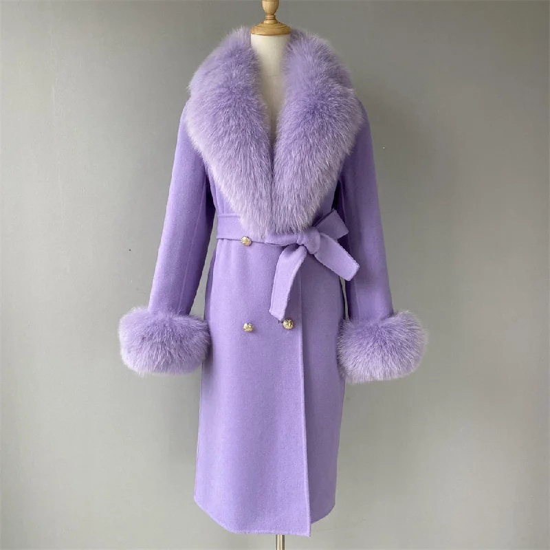 Retro JacketsWomen's Lilac Color Winter Wool Real Fur Collar Cuffs Double-Faced Jacket