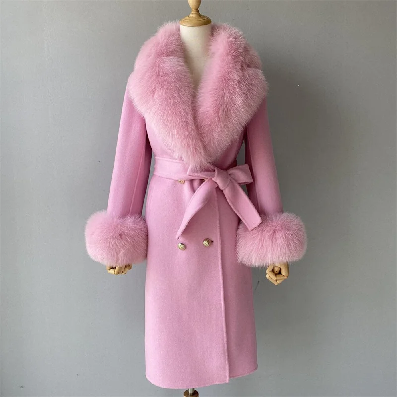 Insulated JacketsWomen's Pink Wool Real Fur Collar Cuffs Double-Faced Winter Long Jacket