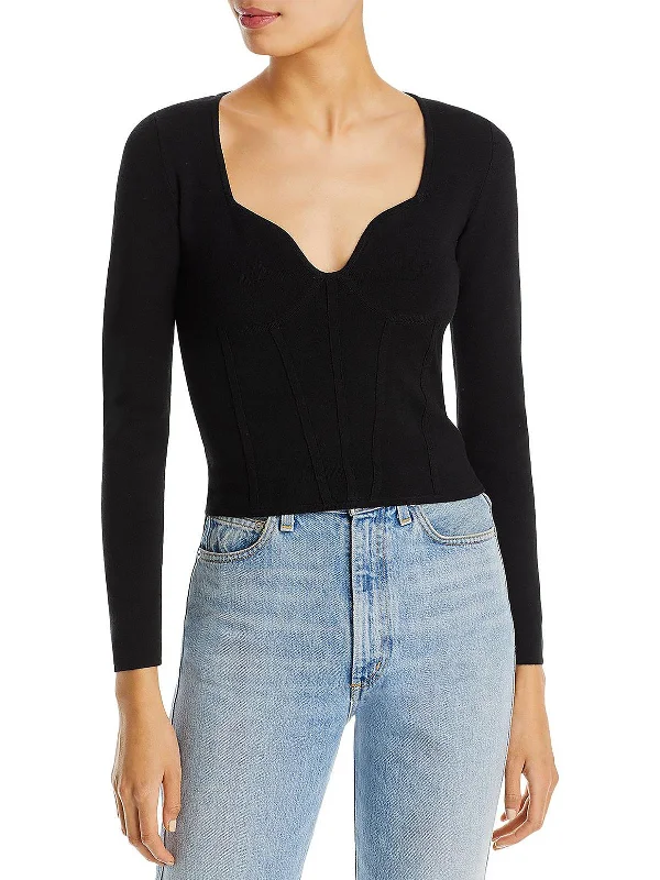 Womens Scalloped Crop Pullover SweaterStudded Knit Tops