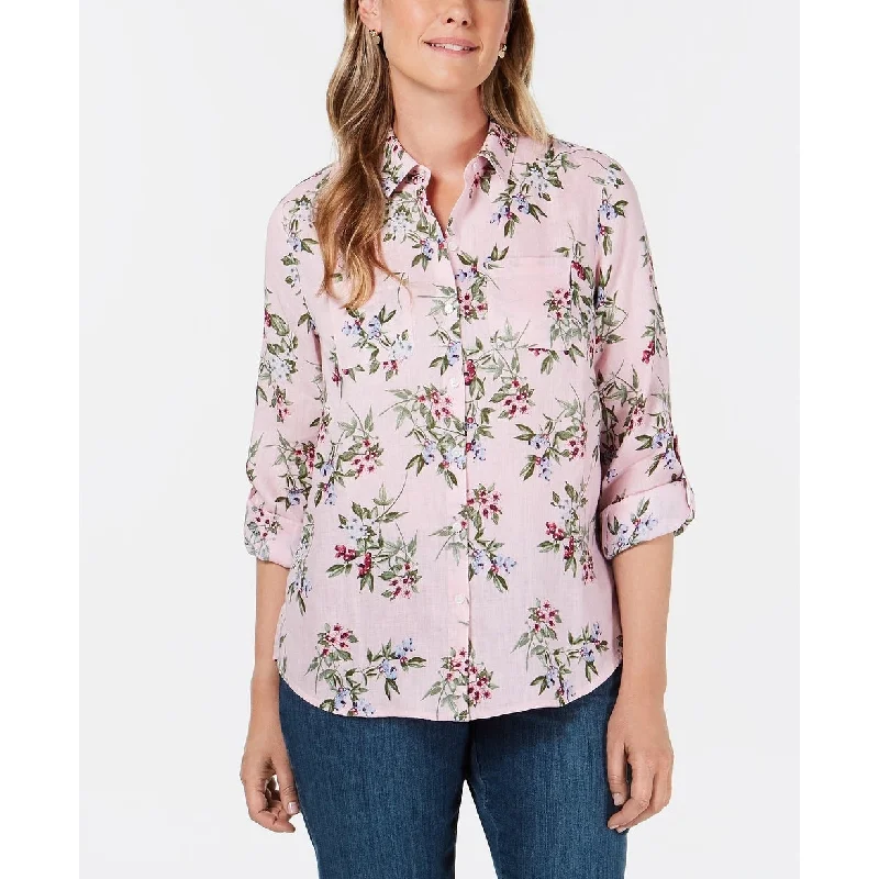 Sheer ShirtsCharter Club Women's Linen Floral-Print Utility Shirt Pink Size Small - XL