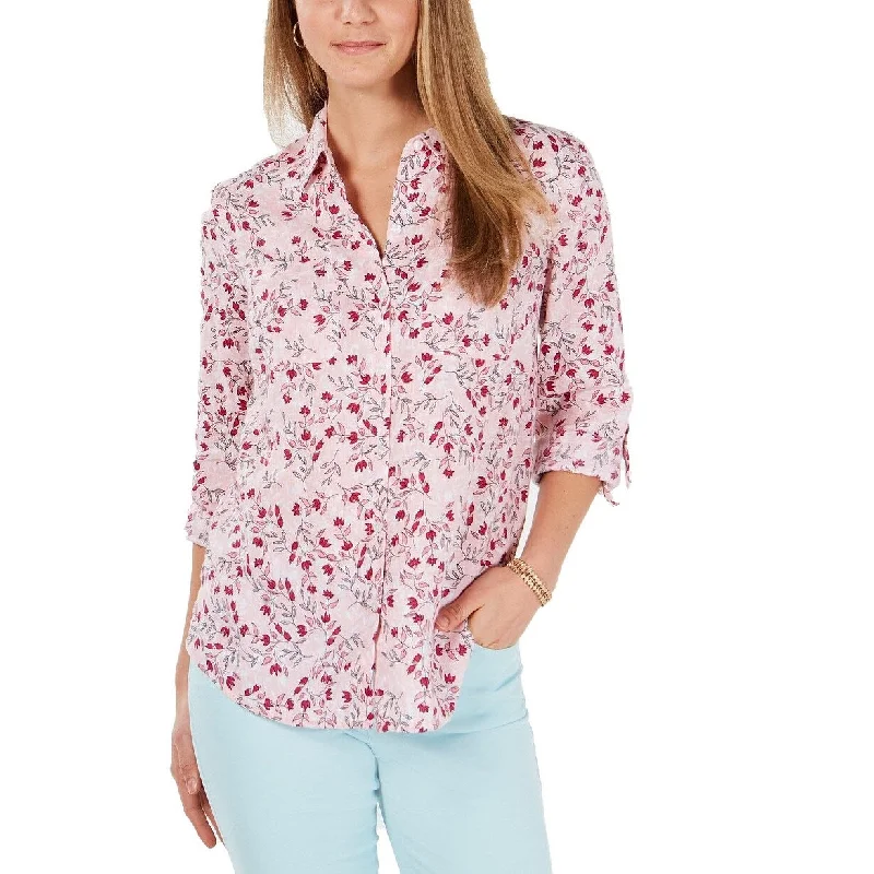 Zippered ShirtsCharter Club Women's Petite Linen Floral Roll-Tab Shirt Pink Size Petite - S