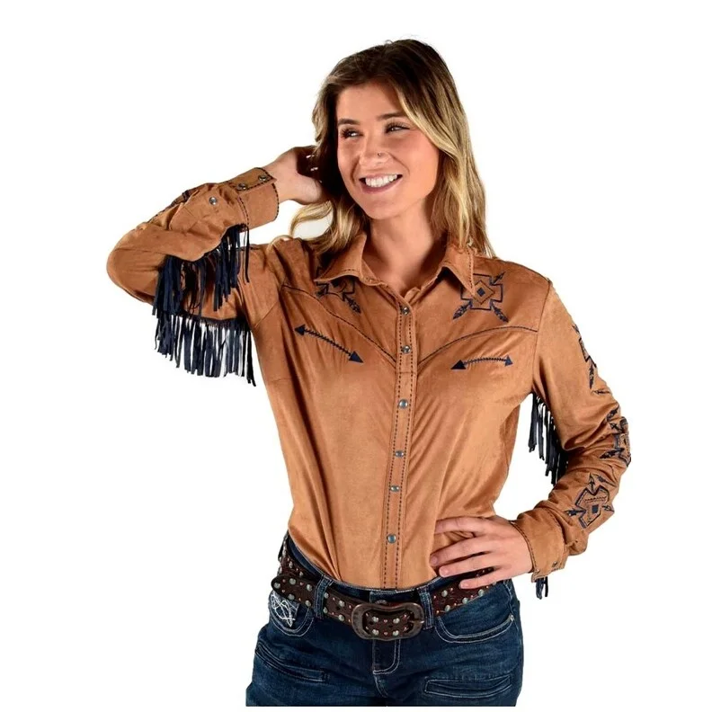 Hemp ShirtsCowgirl Tuff Western Shirt Womens Fringe Button L/S Tan F00516