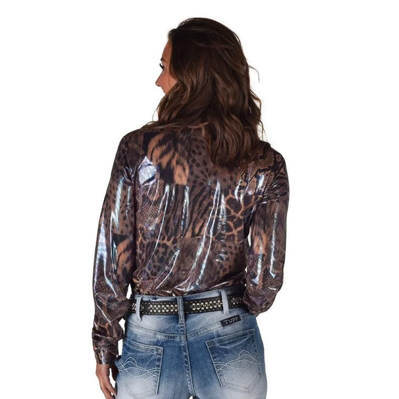 Recycled Fabric ShirtsCowgirl Tuff Western Shirt Womens L/S Animal Print Shiny Tan 100771