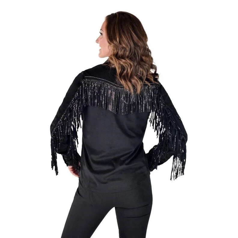 Satin ShirtsCowgirl Tuff Western Shirt Womens L/S Bling Fringe Black 100699