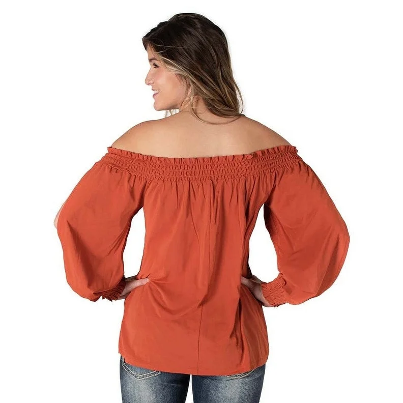 Yoga ShirtsCowgirl Tuff Western Shirt Womens L/S Blouse Flowy Rust 100594