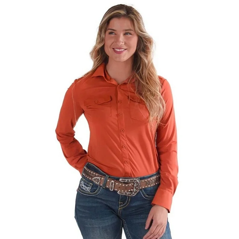 Recycled Fabric ShirtsCowgirl Tuff Western Shirt Womens L/S Button Lightweight Rust 100584