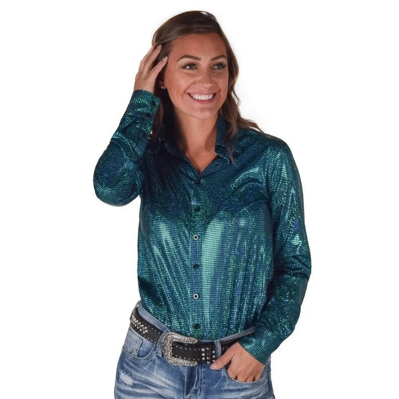 Branded ShirtsCowgirl Tuff Western Shirt Womens L/S Foil Button Turquoise 100769