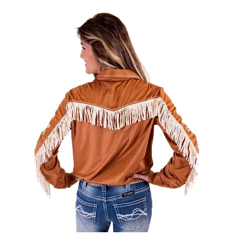 Zippered ShirtsCowgirl Tuff Western Shirt Womens L/S Fringe Embroidery Tan 100620