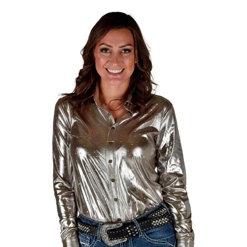 Sheer ShirtsCowgirl Tuff Western Shirt Womens L/S Heart Star Foil Gold 100888