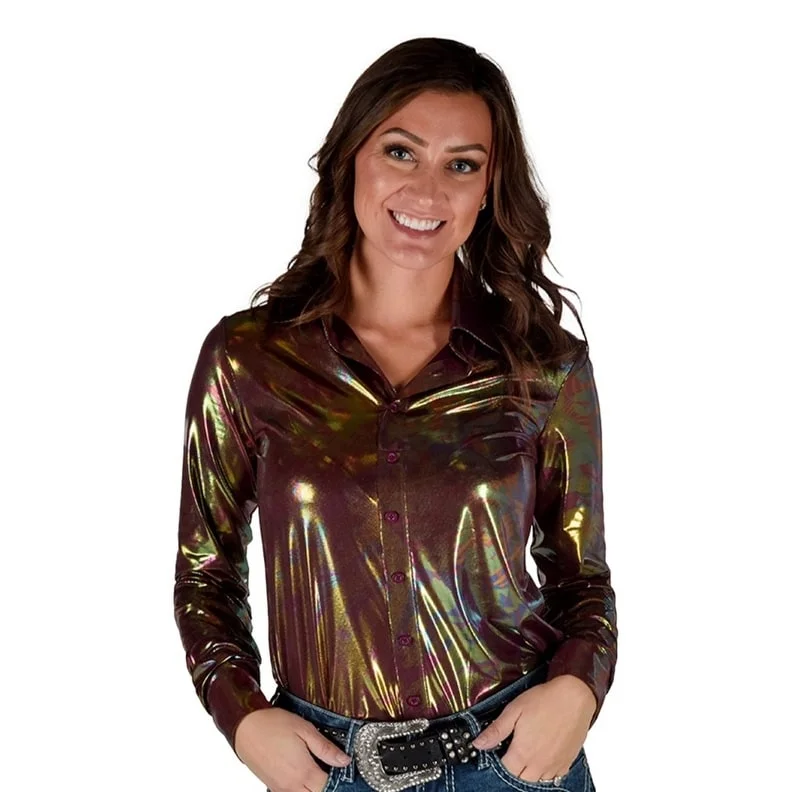 Gym ShirtsCowgirl Tuff Western Shirt Womens L/S Metallic Foil Red 100887