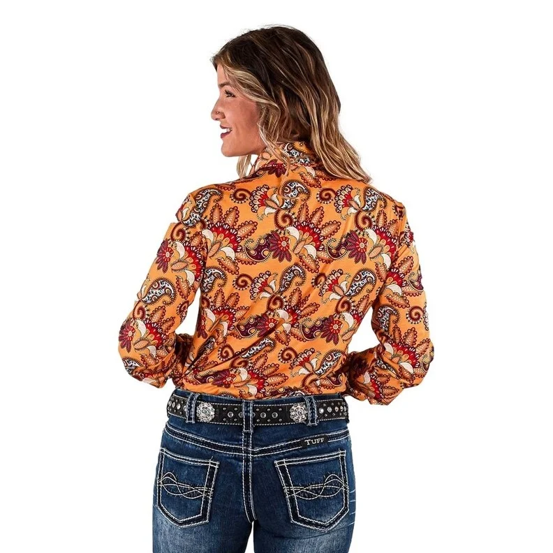 Wrap ShirtsCowgirl Tuff Western Shirt Womens L/S Paisley Button Gold 100607