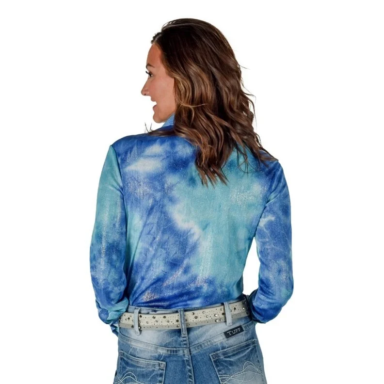 Hemp ShirtsCowgirl Tuff Western Shirt Womens L/S Tie Dye Sparkly Blue 100804