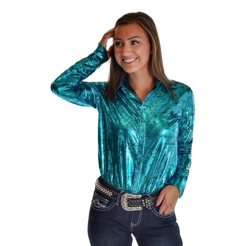 Artist ShirtsCowgirl Tuff Western Shirt Womens Long Sleeve Shiny Turquoise 100708